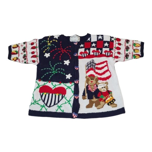 Vintage Eagle's Eye Cardigan Sweater Patriotic Red White & Blue 4th July Sz S - Picture 1 of 10